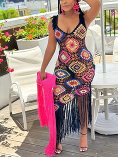 Fringe Crochet Cover-Up One size-Aprioct Black Casual Crochet Beach Dress, Casual Black Crochet Beach Dress, Casual Black Crochet Dress For Beach, Black Bohemian Crochet Beach Dress, Black Open Knit Crochet Dress For Vacation, Black Crochet Lace Dress For Summer, Black Bohemian Crochet Dress, Fringe Crochet, Crochet Cover