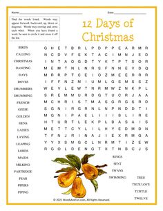 the 12 days of christmas word search is shown in this printable activity sheet for kids