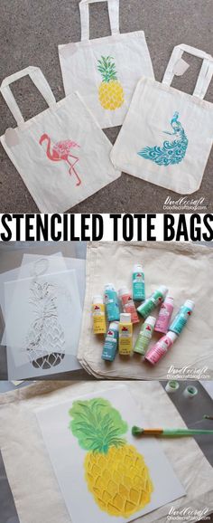 two bags with pineapples and flamingos painted on them, one bag has watercolor