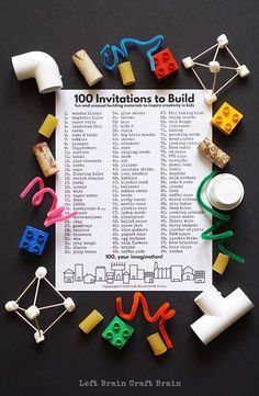 a table with legos and other toys on it, including a paper that says 100 trivias to build