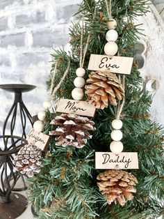 a christmas tree decorated with pine cones and wooden name tags for the names of each family