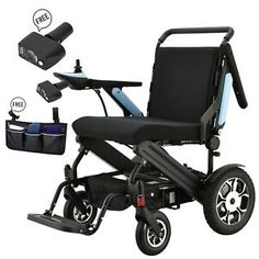 an electric wheelchair with wheels and accessories