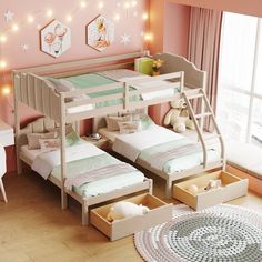 a child's bedroom with bunk beds and drawers