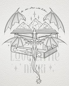 a drawing of a dragon with wings on it's back, holding a book