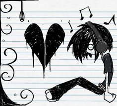 a drawing of a person with headphones and music notes in the background, on lined paper