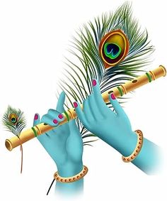 a person holding a flute with peacock feathers on it