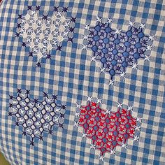 four different pictures of blue and white checkered fabric with red, white, and blue designs