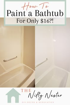 the bathroom is painted white and has a bathtub for only $ 16