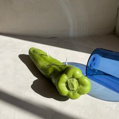 a green pepper sitting on top of a blue glass plate next to a blue vase