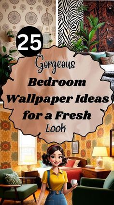 there is a woman standing in the living room with her hand on her hip, and an empty sign that says gorgeous bedroom wallpaper ideas for a fresh look