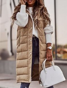 Women's Vest Outdoor Street Daily Fall Winter Long Coat Regular Fit Windproof Warm Casual Jacket Sleeveless Solid Color White Black Khaki Hooded Gilet, Chaleco Casual, Chique Outfits, Sleeveless Outfit, Gilet Long, Puffy Vest, Long Puffer, Casual Outerwear, Streetwear Tops