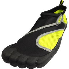 a pair of black and yellow water shoes