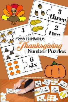 thanksgiving printable number puzzles for kids to practice counting and matching numbers with the turkey