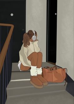 a woman sitting on the stairs with headphones in her ears and a handbag