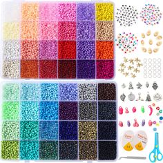 many different colors of beads and scissors