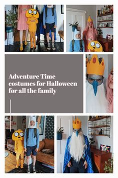 some people are dressed up in costumes for the halloween season and one is wearing a costume that says, adventure time costumes for halloween for all the family