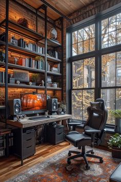 a home office with lots of bookshelves and shelves filled with various items in front of a large window