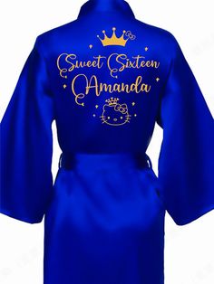 Embrace elegance with this stunning Royal Blue with Gold Quinceañera robe, perfect for making your special day unforgettable. The rich royal blue fabric is beautifully accented with luxurious gold details, creating a regal look. This robe is fully personalized, ensuring it reflects your unique style and personality for your Quinceañera celebration. Includes : RobeAll the items are hand-made.Can be personalized with name and date of your celebration.We can decorate this set with any color or text Elegant Blue Gown For Ceremony, Royal Blue Ball Gown For Wedding, Blue Satin Wedding Gown, Elegant Blue Gown For Wedding Night, Royal Blue Formal Gown, Elegant Blue Wedding Robe, Elegant Blue Robe For Wedding Night, Sweet 16 Royal Blue, Royal Blue Fabric