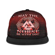 Viking Snapback Hat May The Norse Be With You Viking Red Version Red Letter Print Hats For Outdoor, Red Snapback Fitted Hat For Outdoors, Red Adjustable Snapback Hat, Red Snapback Hat With Letter Print, Red Snapback Baseball Cap For Outdoor, Red Adjustable Snapback Hat With Letter Print, Hat Collection, Outdoor Activity, Snapback Hat