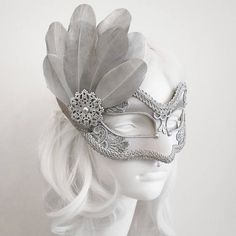 Silver Embroidery Masquerade Mask With Silver Feathers Adjustable Fantasy Masquerade Mask For Costume, Full Face Fantasy Masquerade Mask For Costume Party, Fantasy Full Face Masquerade Mask For Costume Party, Fantasy Full-face Masquerade Mask For Costume Party, Silver Adjustable Headpieces For Carnival, Adjustable Silver Headpiece For Carnival, Elegant Costume Eye Mask Accessories, Elegant Eye Mask Costume Accessories, Adjustable Masquerade Mask For Wedding Carnival