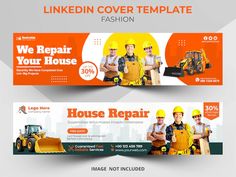 two banners with construction workers on the front and back, one is for house repair