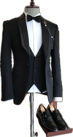 Luxury Single-breasted Tuxedo For Groom, Black Single Breasted Blazer For Wedding, Black Single-breasted Blazer For Wedding, Elegant Single Button Three-piece Suit For Groom, Black Single Button Wedding Blazer, Elegant Single-button Three-piece Suit For Groom, Luxury Single Breasted Three-piece Wedding Suit, Three-piece Tuxedo Suit For Wedding, Wedding Three-piece Suit