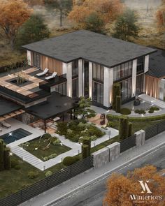 an artist's rendering of a modern house in the middle of a wooded area