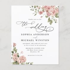 an elegant wedding card with pink roses and greenery on the front, in black ink