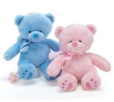 two blue and pink teddy bears sitting next to each other on a white background with flowers