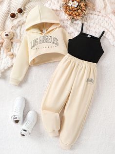 Apricot Casual Collar   Letter  Embellished Medium Stretch  Young Girls Clothing Cute Outfits For School, Nice Outfits