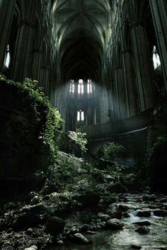 the inside of a cathedral with water running through it