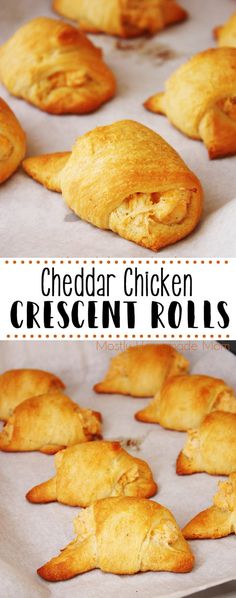 cheddar chicken crescent rolls on a baking sheet with text overlay that reads cheddar chicken crescent rolls