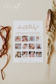 a baby's birth announcement is displayed next to some dried flowers and twine