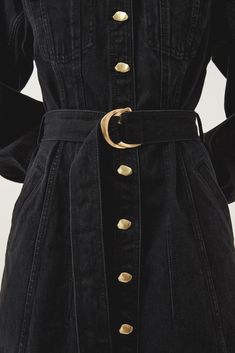 Maya Denim Midi Dress | Black | Aje – Aje ROW Elegant Denim Dress With Button Closure For Work, Elegant Belted Denim Dress, Chic Belted Knee-length Denim Dress, Chic Knee-length Belted Denim Dress, Chic Belted Button-up Denim Dress, Belted Midi Denim Dress For Work, Knee-length Belted Denim Dress For Work, Chic Belted Denim Dress For Work, Belted Long Sleeve Denim Dress For Work