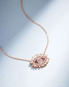 Suzanne Kalan Evil Eye Midi Pink Sapphire Half Pavé Pendant in 18k rose gold Evil Eye Symbol, White Diamond Necklace, Eye Symbol, Pave Pendant, Ancient Symbols, White Diamonds, Pink Sapphire, 18k Rose Gold, Diamond White