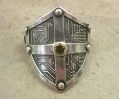 Cyberpunk Jewelry, Medieval Shield, Medieval Shields, Silver Scarf, Shield Ring, Industrial Jewelry