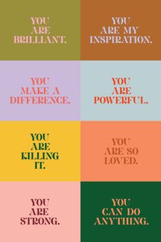 four different colored squares with the words you are awesome and you are strong on them