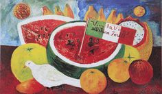 a painting of watermelon and oranges on a table