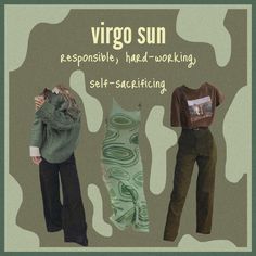 three people standing next to each other in front of a green and white background with the words virgo sun responsibleable, hard working self - sacling