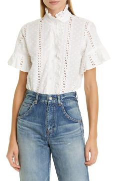 MILLE Vanessa Ruffle Detail Cotton Blouse | Nordstrom Classic Cotton Top With Ruffled Collar, Cotton Top With Broderie Anglaise And Ruffled Collar, Spring Cotton Blouse With Ruffle Sleeves, Cotton Blouse With Broderie Anglaise In Relaxed Fit, Cotton Blouse With Flutter Sleeve For Work, Cotton Ruffle Puff Sleeve Blouse, Classic Ruffled Summer Tops, Classic Summer Tops With Ruffles, Cotton Puff Sleeve Blouse With Ruffles