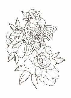 a drawing of flowers with leaves on the bottom and one flower at the top, in black and white