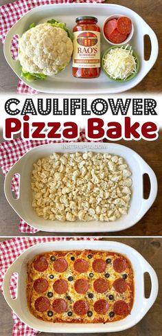 two servings of pizza and rice on a table with the words cauliflower pizza bake