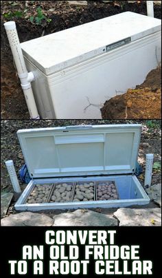 an old fridge has been converted into a rock cellar