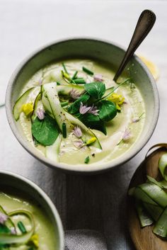 two bowls filled with soup and garnished with green vegetables