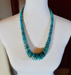 Large Graduated Turquoise Disc and Heishi Beaded Necklace Turquoise Single Strand Round Necklace, Turquoise Single Strand Necklace, Single Strand Round Turquoise Necklace, Beaded Round Turquoise Necklace, Turquoise Jewelry With Polished Round Beads, Hand-strung Round Blue Turquoise Necklace, Southwestern Turquoise Beaded Round Necklaces, Turquoise Round Beaded Necklaces, Artisan Hand-strung Round Turquoise Necklace