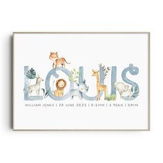 the word louis is made up of animals and plants in watercolor on white paper