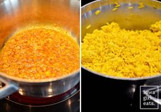 two pictures side by side, one with yellow rice and the other with brown rice