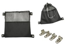 the contents of a black mesh bag and four pairs of silver metal hooks on a white background