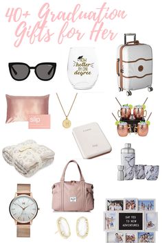 the gift guide for her is on display in front of a white background with pink and gold