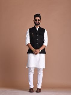 Important Instrucitons : We request you to kindly calculate the processing time of your order after the mutual confirmation on Bespoke measurements between us has taken place (either via message , e mail or form) Men can wear Half-Jackets and style them in many different ways. Want to look traditional? Great! Wear a Half Jodhpuri Jacket with your Mens Kurta and Pajama. Want to wear it to a party? Try Half Jodhpuri Jacket with Trousers. If you are all about comfort this summer, then these Half Ja Black Festive Outerwear For Work, Traditional Black Outerwear For Work, Indian Traditional Wear, Great Things Take Time, Half Jacket, Mens Kurta, Kurta Pyjama, Kurta Pajama, Between Us